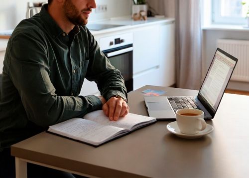 Молодой мужчина ведёт дневник за ноутбуком дома